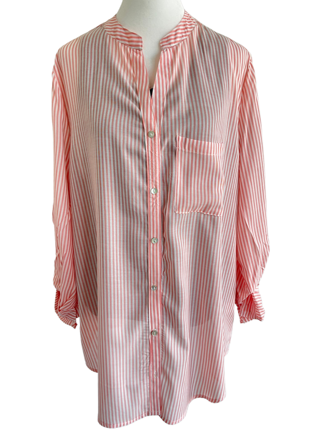 Striped V Neck Roll Up Sleeve Top