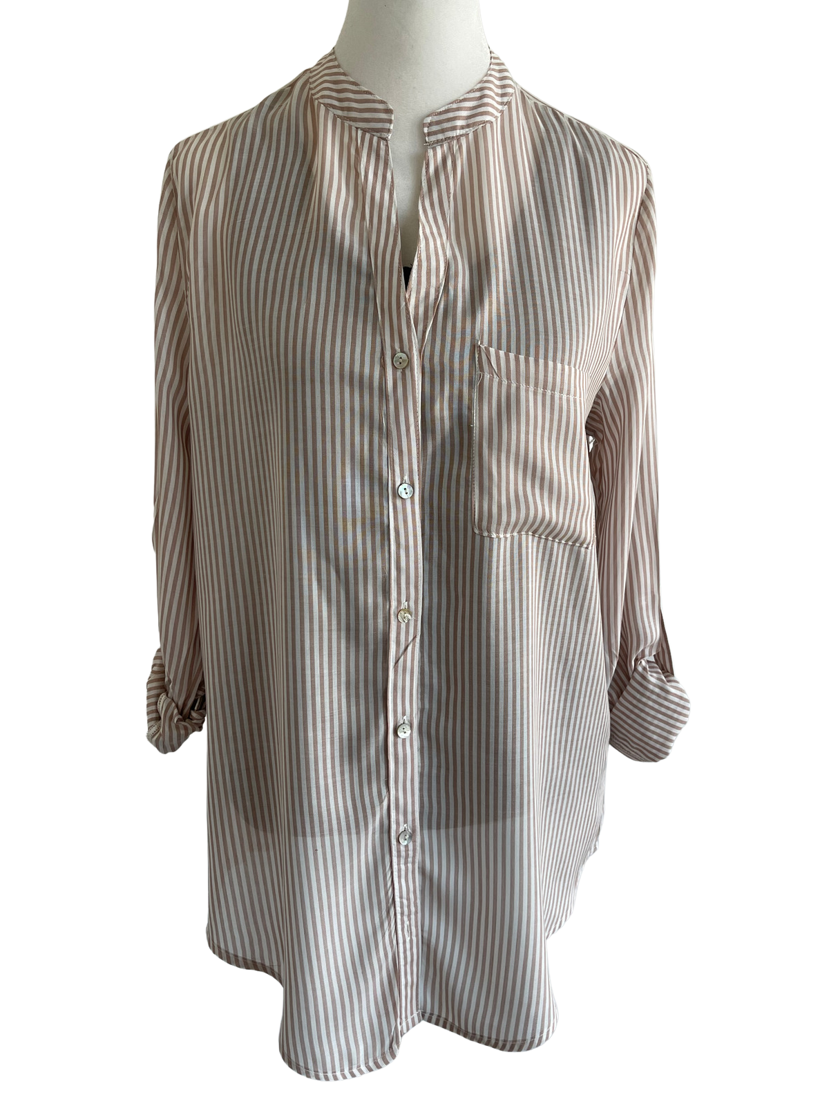 Striped V Neck Roll Up Sleeve Top