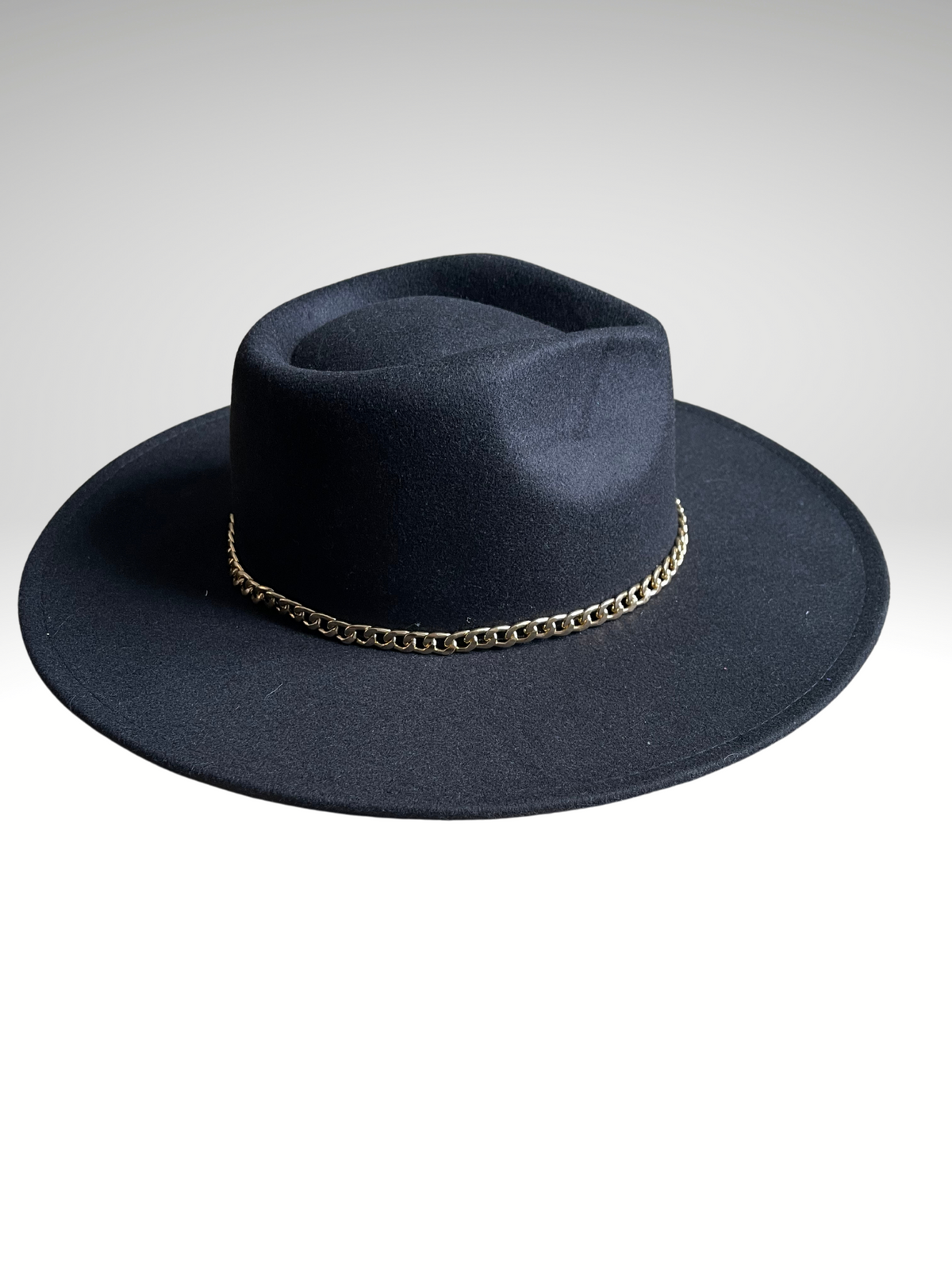 Black Faux Suede Silver Curb Chain Trim Fedora Mafia Man” Classic black fur felt fedora with rolled brim  main image 3